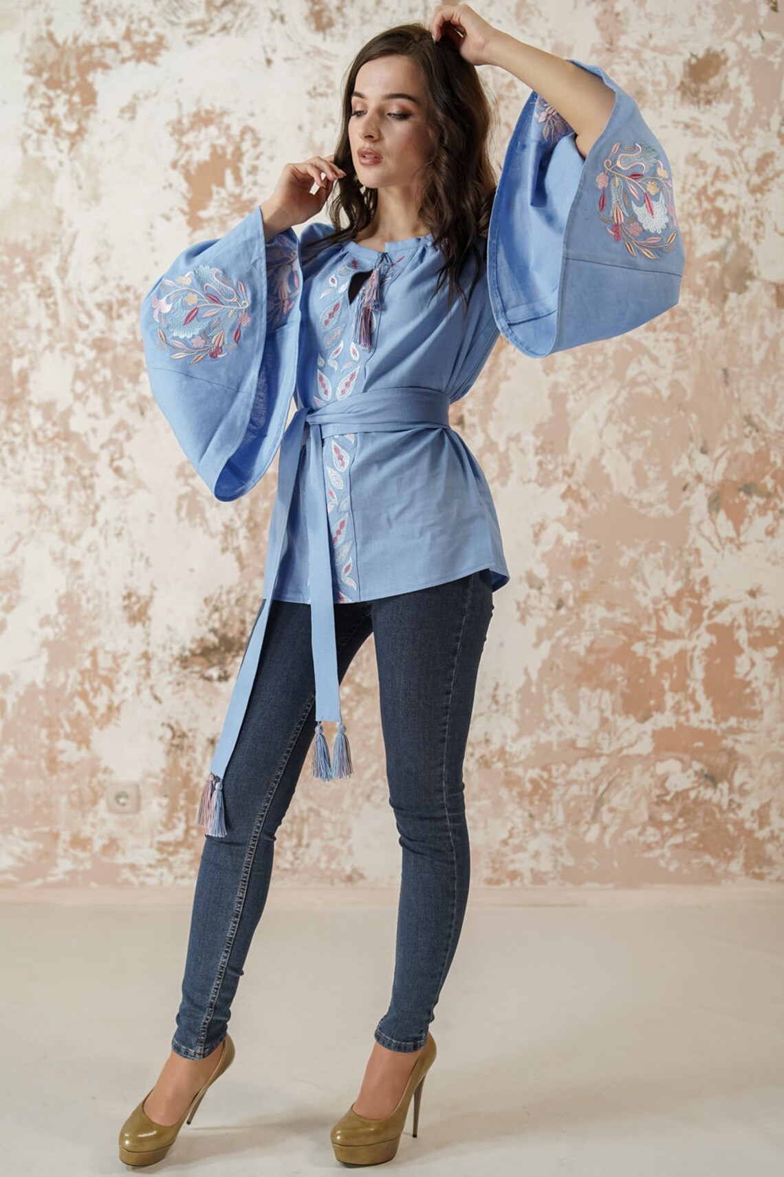 Floral Embroidered Linen Kimono Top Linen Blouse Bohemian Etsy