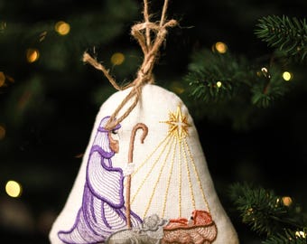Embroidered nativity bell ornament with shepherd and star of bethlehem, Set of Christmas tree ornaments, Manger scene ornament