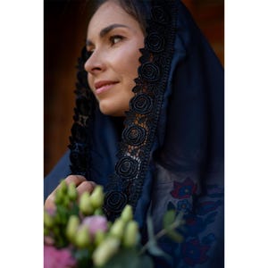 Traditional catholic infinity veil, Church veil, Roses lace cathedral mantilla, Veil for latin mass, Navy prayer veil with black lace