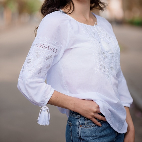 White Embroidered Cotton Shirt With White Embroidery, Ukrainian