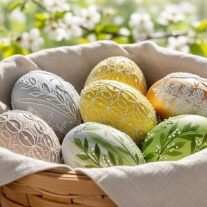 Set of 6 hand-painted Easter eggs in soft pastel green, grey, yellow and beige tones with white botanical line art, gold details and pearl dots