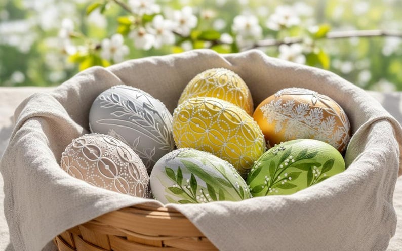 Set of 6 hand-painted Easter eggs in soft pastel green, grey, yellow and beige tones with white botanical line art, gold details and pearl dots