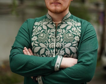Men linen shirt Vyshyvanka, Dark green embroidered shirt for man, Slavic traditional shirt for men, Ukrainian vyshyvanka shirt, Gift for him