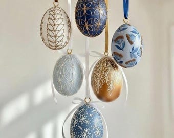 Set 6 hanging Easter egg ornaments, Easter tree decorations, Hand painted wooden easter eggs set of 6, Blue easter pastel eggs for hanging