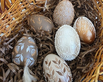6 hand painted easter eggs, Brown wooden Easter eggs, Farmhouse spring decor, Boho Easter basket fillers, Ukrainian folk art pisanki style