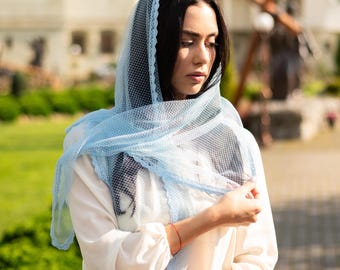 Light blue lace chapel veil, Soft mesh mantilla head covering with scalloped trim for Mass, Prayer, and Church, Christian head scarf