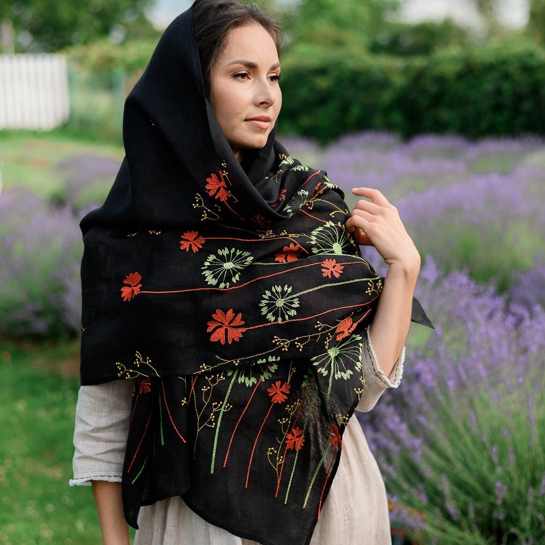 Black Slavic Shawl, Linen Embroidered Scarf, Folk Floral Scarf for ...