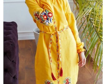 Traditional linen dress, Ukrainian dress girls, Kids vyshyvanka with slavic embroidery, Embroidered floral dress, Linen dress with belt