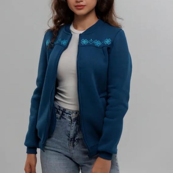 Women bomber jacket embroidered, Zipper bomber with floral and bird embroidery, Blue women's jacket with folk embroidery on back, Xmas gift
