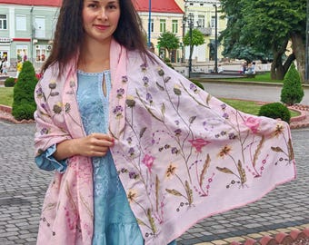 Wildflower linen scarf women, Pink embroidered shawl, Linen floral scarf wrap, Botanical meadow natural linen stole, Boho chic summer shawl