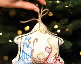 Manger scene ornament, Linen Christmas ornament, Embroidered New Year decoration for Christmas tree, Nativity scene ornament, Christmas gift