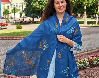 Deep blue linen scarf with floral embroidery, Lightweight shawl, Ukrainian embroidered wrap, Boho folk style headscarf for women