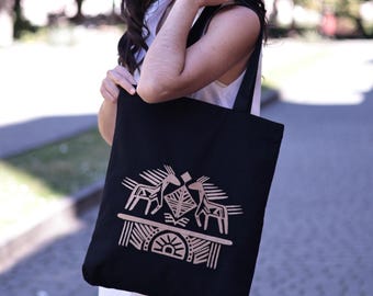 Black cotton tote bag with Ukrainian embroidered horse motif, Reusable shopping bag, Folk art market tote, Eco friendly gift for girls