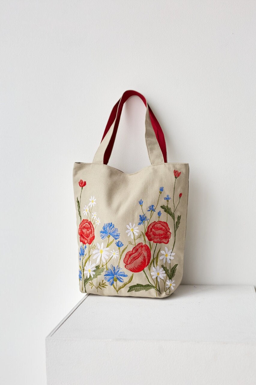 Floral Tote Bag With Zipper, Wildflower Bag, Zippered Tote Bags