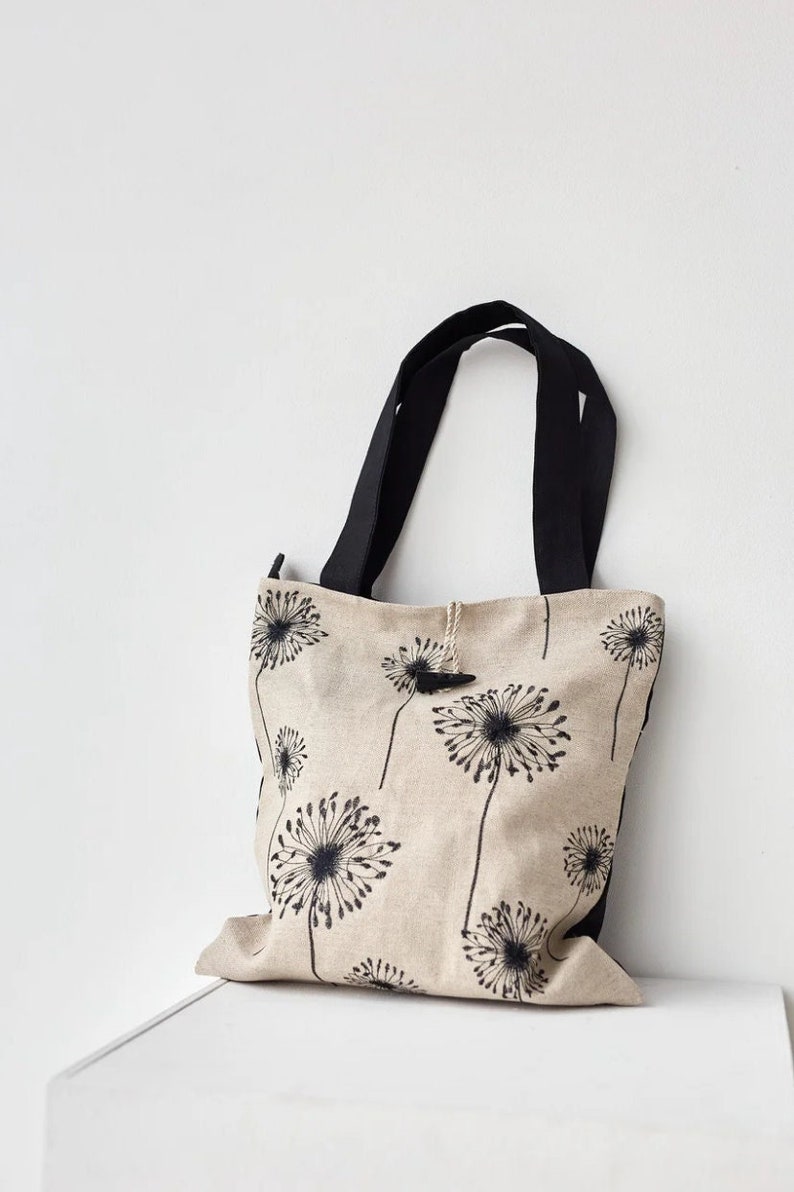 Dandelion bag, Large boho bag, Zippered tote bag, Embroidered totes, Linen shoulder bag, Eco friendly bag, Wildflower tote bag, Gift for mom image 1