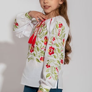 Girl peasant vyshyvanka blouse, Ukrainian linen shirt for kids, Embroidered blouse for girls, Festive top with long sleeves, Birthday gift Colorful embroidery
