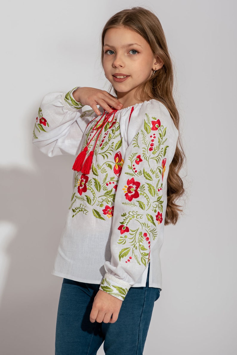 Girl peasant vyshyvanka blouse, Ukrainian linen shirt for kids, Embroidered blouse for girls, Festive top with long sleeves, Birthday gift Colorful embroidery