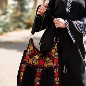 Women large purse, Boho shoulder bag, Extra large tote bag with floral embroidery, Embroidered purses and bags, Work bag for women, Gift bag Black