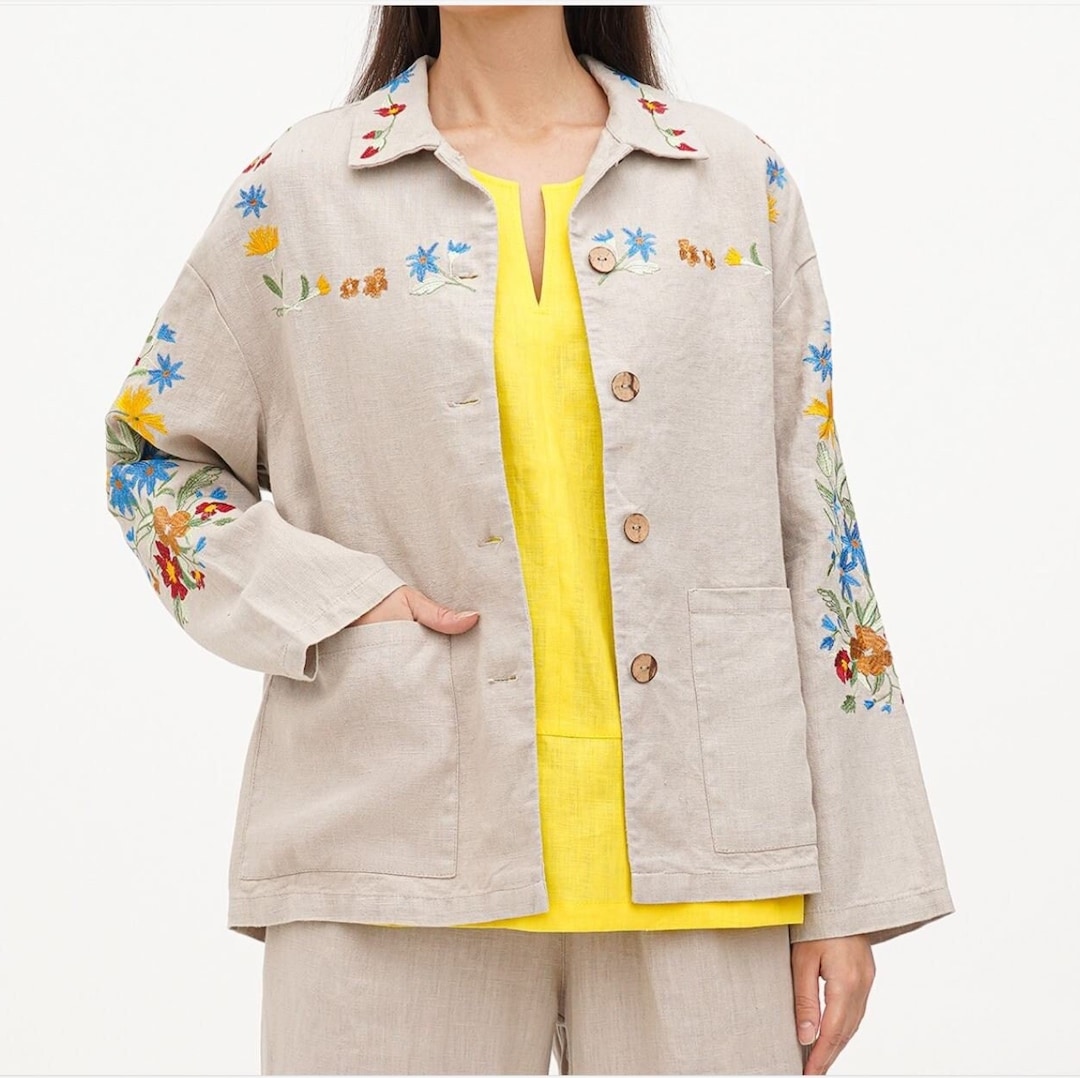 Embroidered Linen Jacket Women, Summer Linen Blazer With Floral