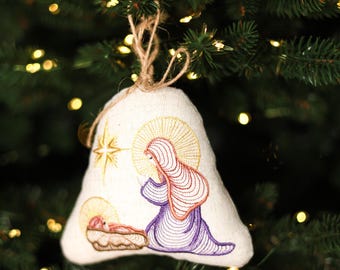 Catholic Christmas decorations, Holy family Christmas decoration, Embroidered linen nativity ornament, Handmade christian ornaments