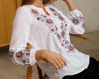 Embroidered boho blouse, Mexican blouse with embroidery, Women's viscose top, Folk Ukrainian blouse, Ukrainian Vyshyvanka