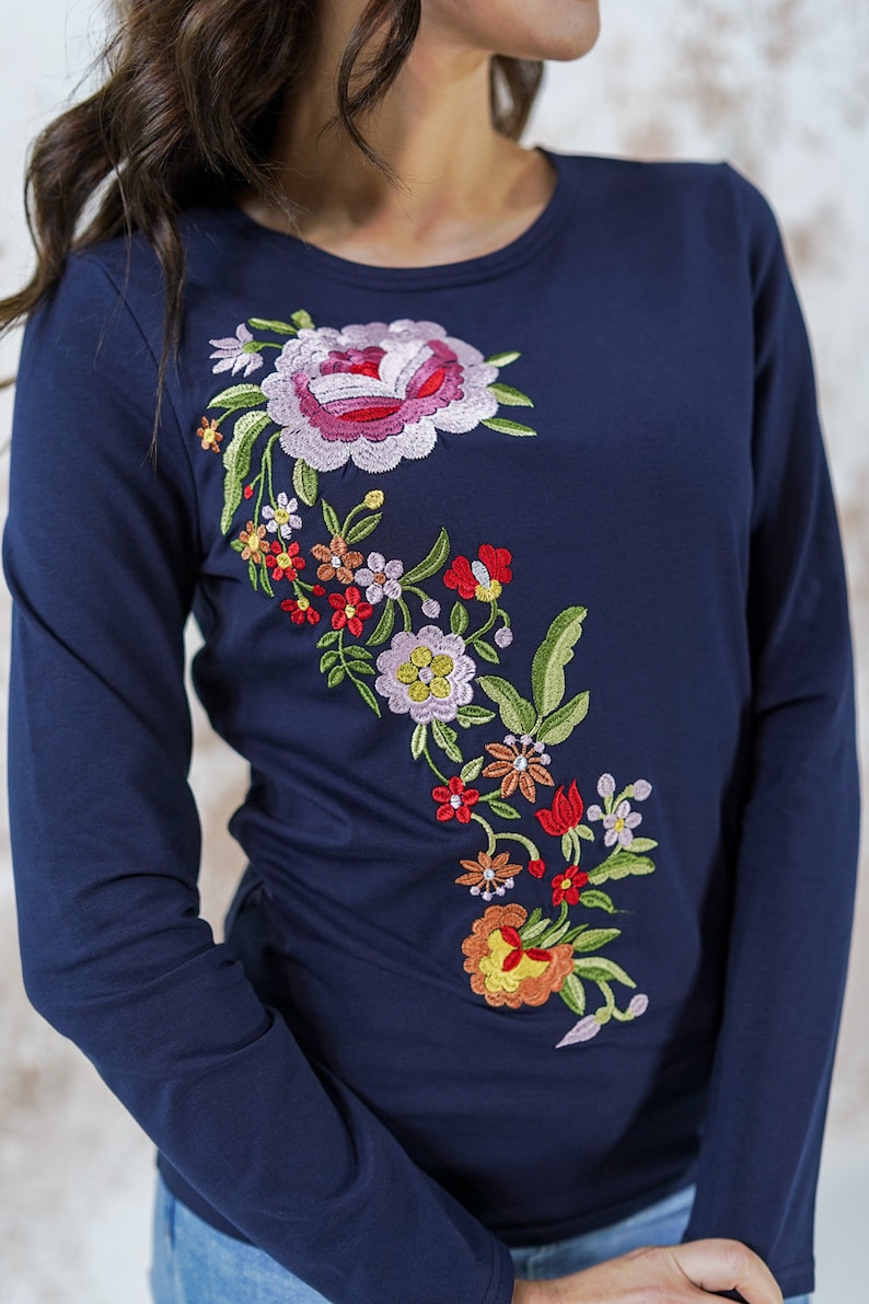 Floral Embroidered T Shirts for Women Long Sleeve Flower Tee Etsy