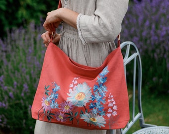 Flower tote bag embroidered, Red crossover bag, Large canvas shoulder bag for women, Linen market bag, Natural crossbody purse, Gift for her