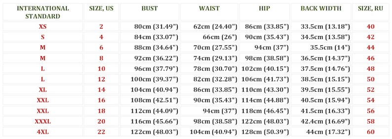 May include: Size chart for clothing with international standard sizes, US sizes, bust, waist, hip, back width, and Russian sizes. The chart shows measurements in inches and centimeters.