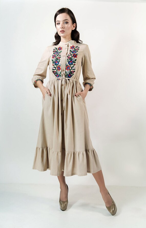 Renaissance Dress, Wedding Guest Dress, Linen Dress With Embroidery,  Vintage Dress, Midi Dresses for Women,medieval Dress Women,gift for Her -  Etsy