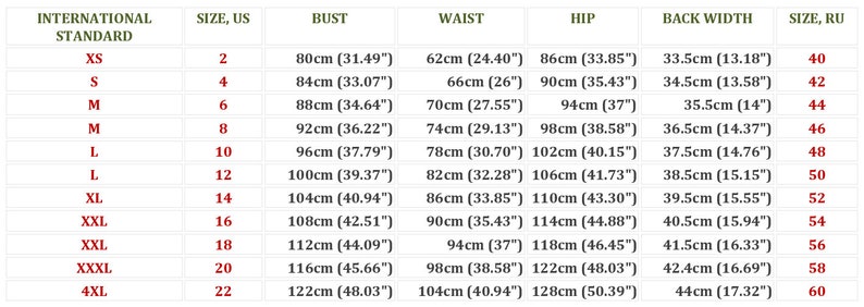 May include: A clothing size chart displaying international and US sizes, with bust, waist, hip, and back width measurements in cm and inches. Sizes range from XS to 4XL, with corresponding Russian sizes.