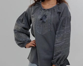 Grey linen blouse, Embroidered linen shirt, Long sleeve lace blouse, Charcoal peasant top, Folk shirt with geometric stitching and tassels