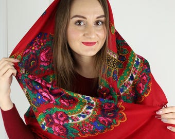 Red granny square scarf, Folk floral shawl, Babushka scarf, Folk art bandana, Winter wool scarf for women, Christmas gift for mother