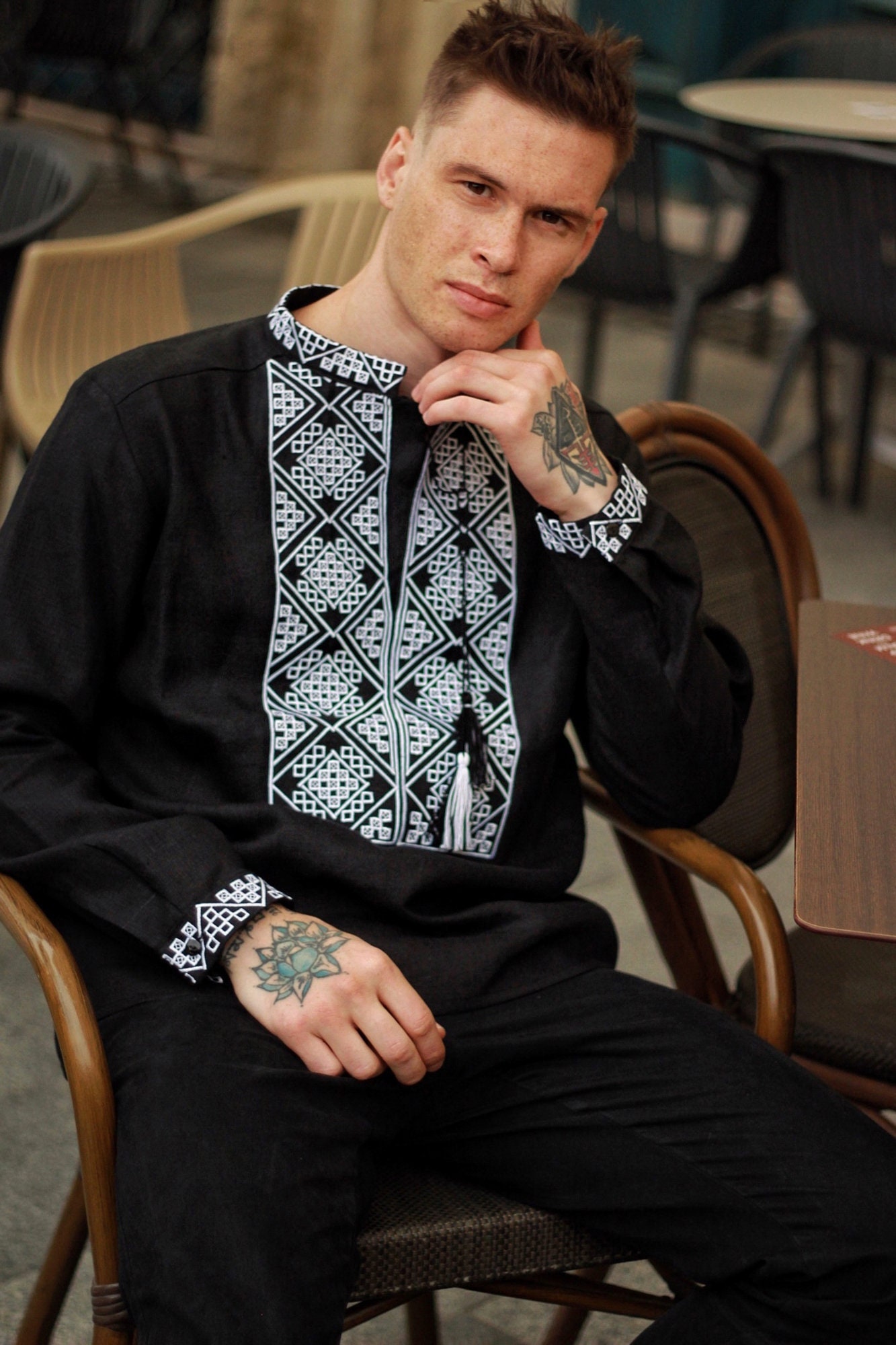 Black Men's Traditional Ukrainian Linen Vyshyvanka Shirt, Ethnic