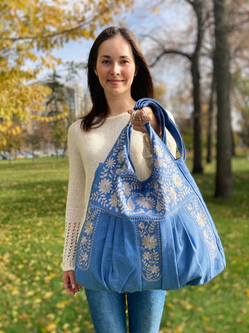 Large linen tote bag, Linen shoulder bag, Embroidered bag, Floral embroidery, Everyday tote bag, Linen hobo bag, Blue bag, Boho linen purse image 2