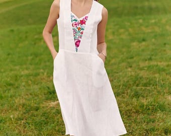 White linen dress with floral embroidery, Sleeveless summer midi dress, Ukrainian folk style linen dress,Embroidered boho dress with pockets