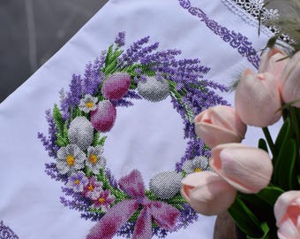 Beaded Easter basket cover with lavender wreath embroidery, Handmade floral pascha towel with lace, Orthodox Easter egg basket cloth