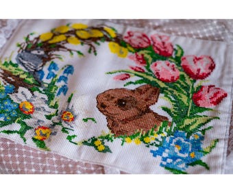 Embroidered Easter rabbit napkin, Pascha basket cover with handmade cross stitch Easter bunny embroidery, Easter napkin, Easter gift
