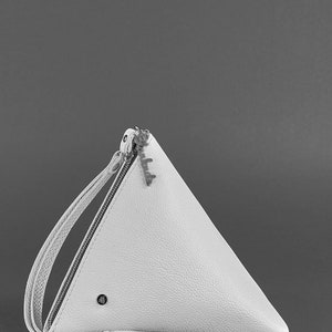 Leather triangle bag, Wristlet leather bag, Pyramid bag, White purse, Handmade leather bag, Costmetic bag, Birthday gift, Anniversary gift image 5