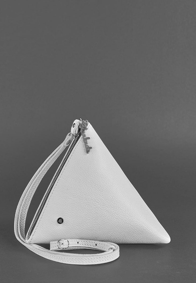 Leather triangle bag, Wristlet leather bag, Pyramid bag, White purse, Handmade leather bag, Costmetic bag, Birthday gift, Anniversary gift image 5