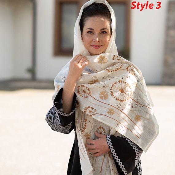 Summer Linen Scarf Women, Ivory Embroidered Scarf, Linen Headscarf