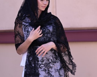 Black lace mantilla veil headscarf for women, Spanish style church veil, Sheer floral lace shawl, Mourning black veil, Shawl for women