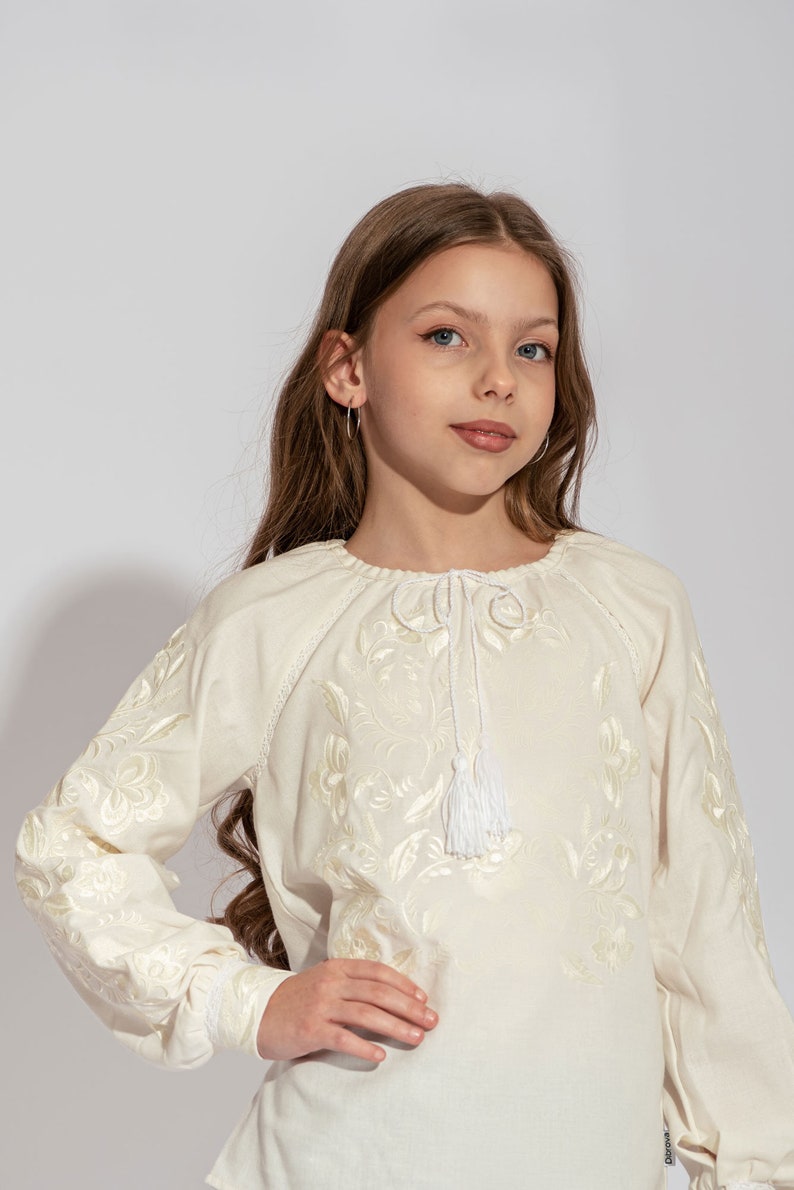 Girl peasant vyshyvanka blouse, Ukrainian linen shirt for kids, Embroidered blouse for girls, Festive top with long sleeves, Birthday gift zdjęcie 6