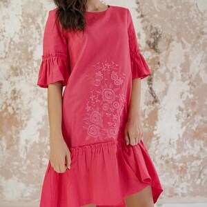 Linen cottagecore dress, Summer linen dress, Embroidered linen dress, Midi linen dress with floral embroidery, Coral dress, Plus size dress