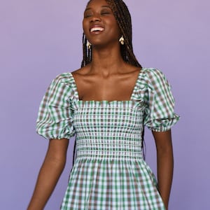 Smocked Dress Pattern, Picnic Plaid Dress with Shirring, Beginners Sewing Project Kit, Easy Teen Sewing Dress, Puff Sleeve Babydoll Dress
