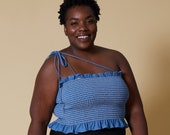 Upcycled Denim Shirt DIY Kit, Plus Size Spaghetti Strap Shirred Tube Top with Optional Shoulder Tie Straps, Ready to Sew Strapless Corset