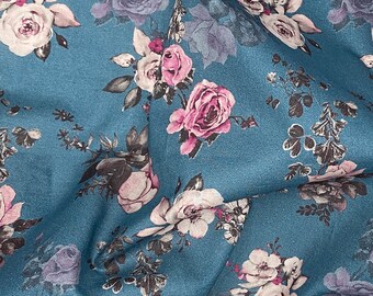 Vintage-Inspired Floral Cotton Fabric: Blue & Purple Blooms for Sewing, DIY, Home Decor and Apparel