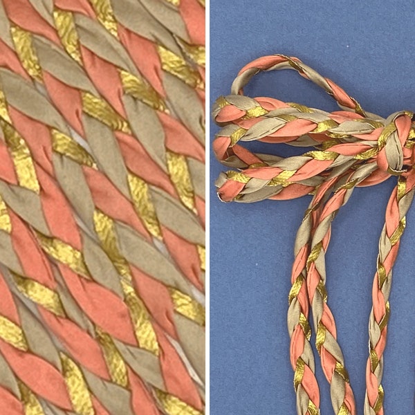 Braided Fabric Cord, Renaissance Trim Jewelry Braid using Taupe Peach Satin Spaghetti Cord and Gold Leather Ribbon Tape, Plait Embellishment