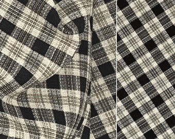 Black Beige Plaid Fabric, Textured Weave Check Fabric Cotton Shirting for Sewing Apparel Home Decor, Deadstock Yardage | Continuous 1/2 Yard