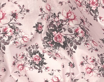 Pastel Pink Rose Fabric, Pink Red Gray Floral on Cotton Shirting for Sewing Apparel Home Decor, Rosebud Flower Bouquet Deadstock Fabric