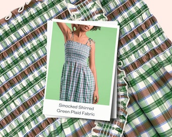 Green Plaid Shirred Cotton Fabric: 42"L Elastic Smocking
